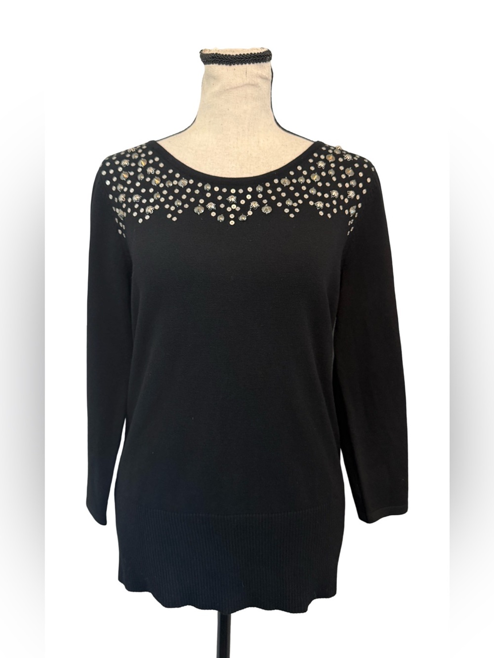 Cable & Gauge NWT Black Embellished Sweater Small Beaded Sequin Rhinestone
